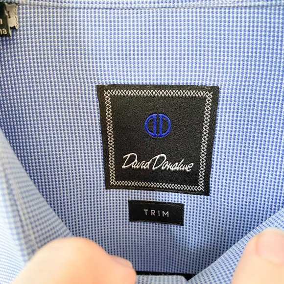 DAVID DONAHUE Men's Blue/White Mirco Houndstooth Trim Fit Shirt sz 16 34/35 - Picture 7 of 11